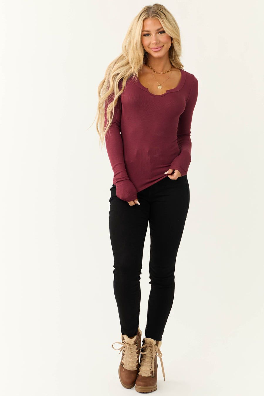 Burgundy Henley Fitted Long Sleeve Top