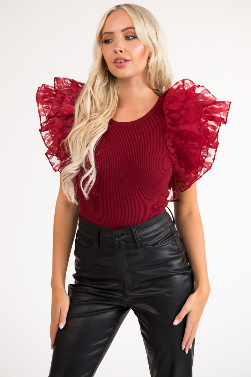 Burgundy Leopard Print Ruffle Sleeve Top