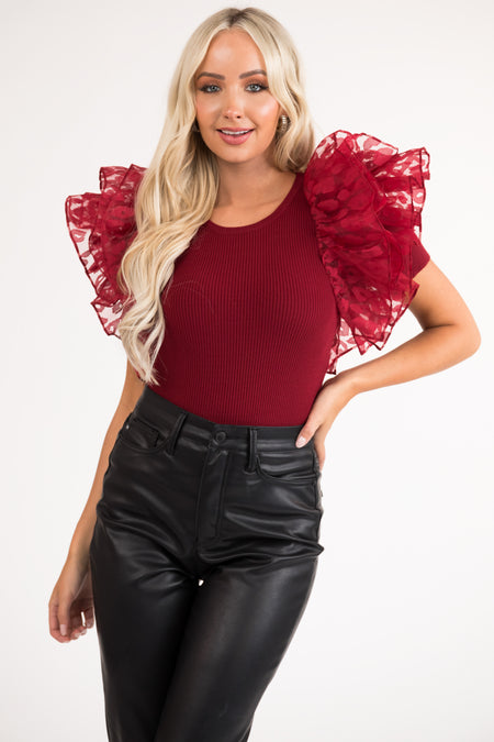 Burgundy Leopard Print Ruffle Sleeve Top