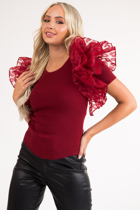 Burgundy Leopard Print Ruffle Sleeve Top