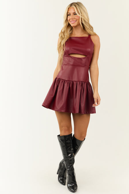 Burgundy Open Back Faux Leather Cut Out Dress