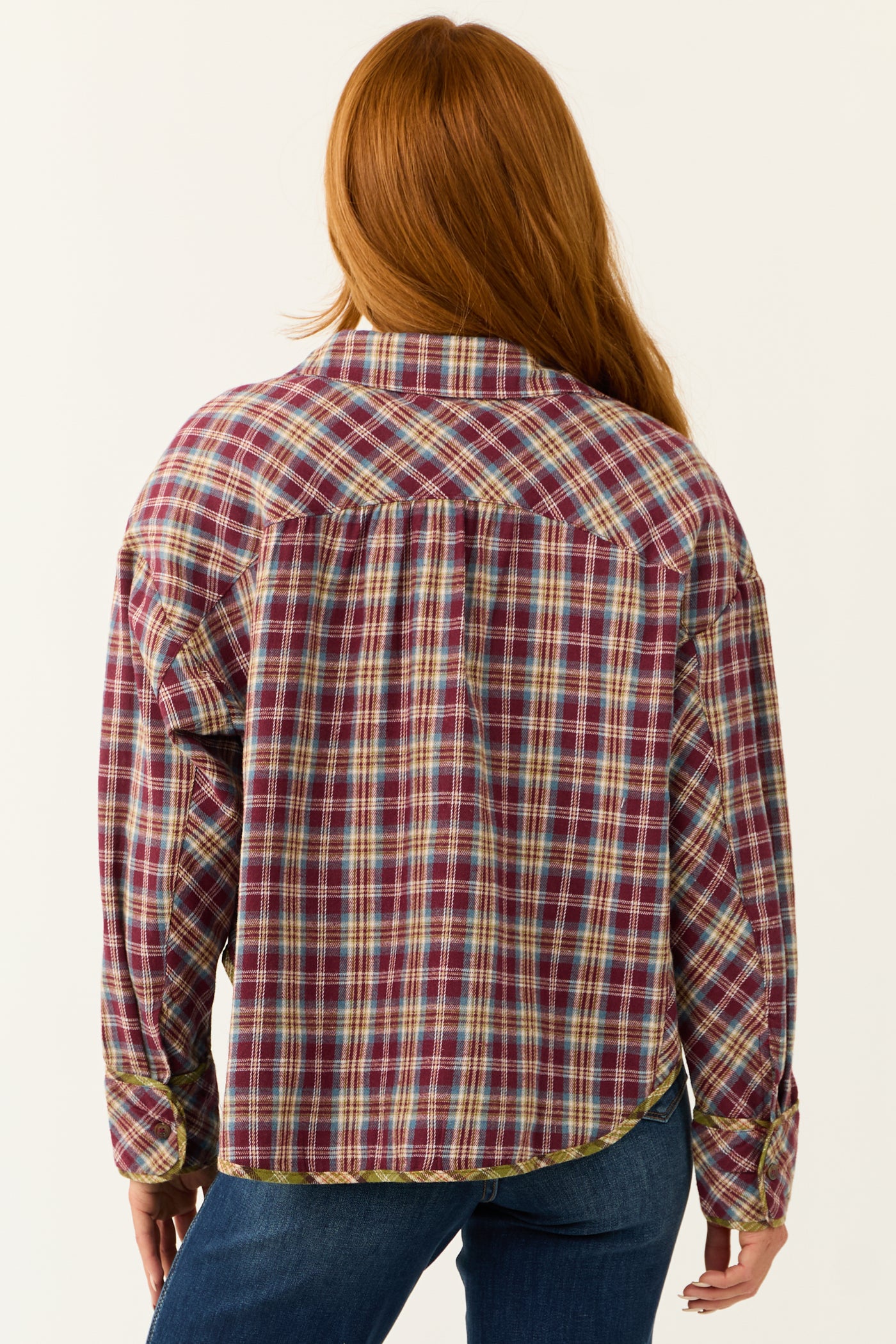 Burgundy Plaid Double Chest Pocket Soft Flannel