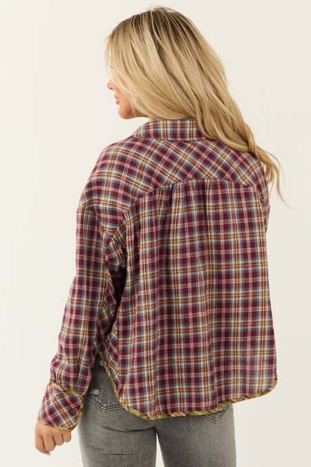 Burgundy Plaid Double Chest Pocket Soft Flannel