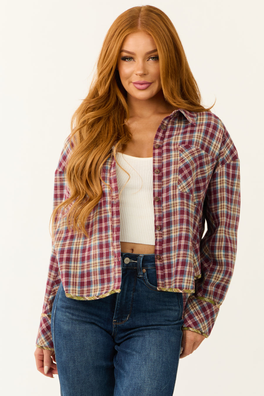 Burgundy Plaid Double Chest Pocket Soft Flannel