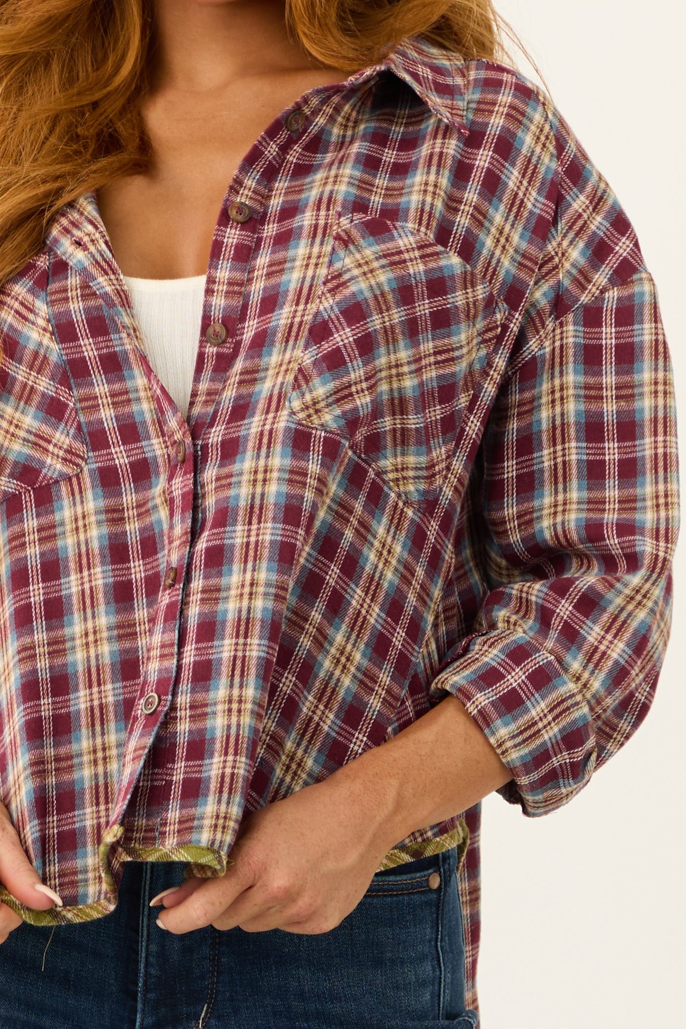 Burgundy Plaid Double Chest Pocket Soft Flannel