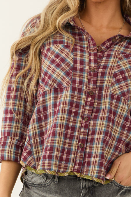 Burgundy Plaid Double Chest Pocket Soft Flannel