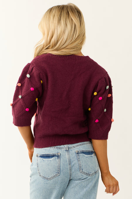 Burgundy Pom Pom Mid Sleeve Sweater