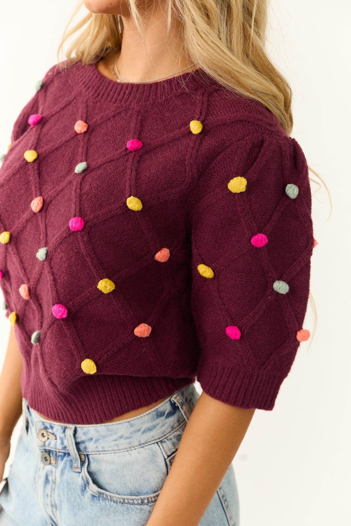 Burgundy Pom Pom Mid Sleeve Sweater