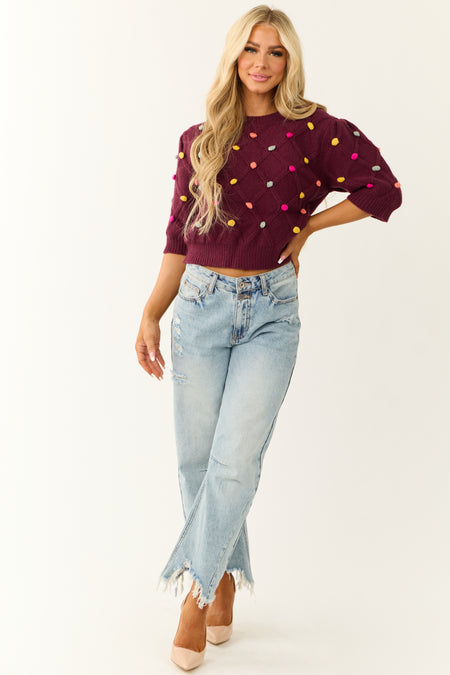 Burgundy Pom Pom Mid Sleeve Sweater