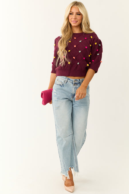 Burgundy Pom Pom Mid Sleeve Sweater