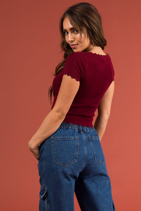 Burgundy Scalloped Trim Ribbed Crop Top