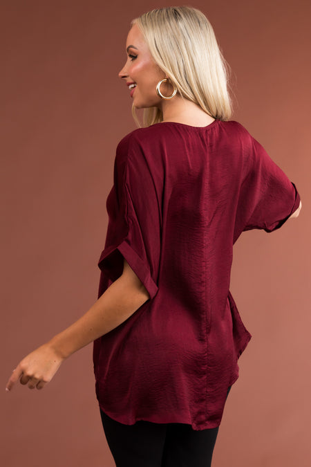 Burgundy Short Banded Sleeves Woven Top