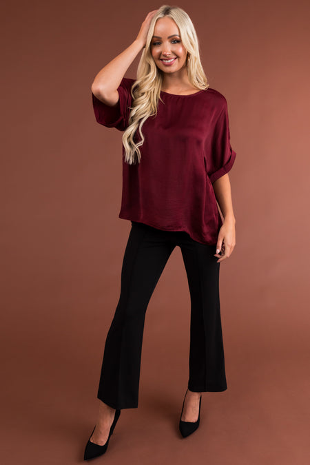 Burgundy Short Banded Sleeves Woven Top