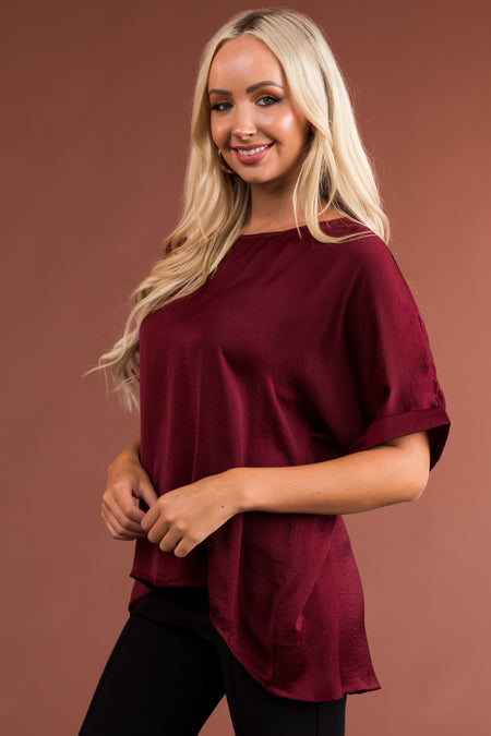 Burgundy Short Banded Sleeves Woven Top