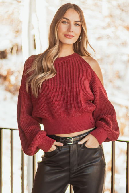 Burgundy Single Cold Shoulder Cropped Sweater