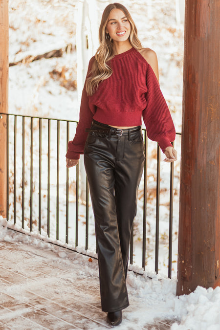 Burgundy Single Cold Shoulder Cropped Sweater