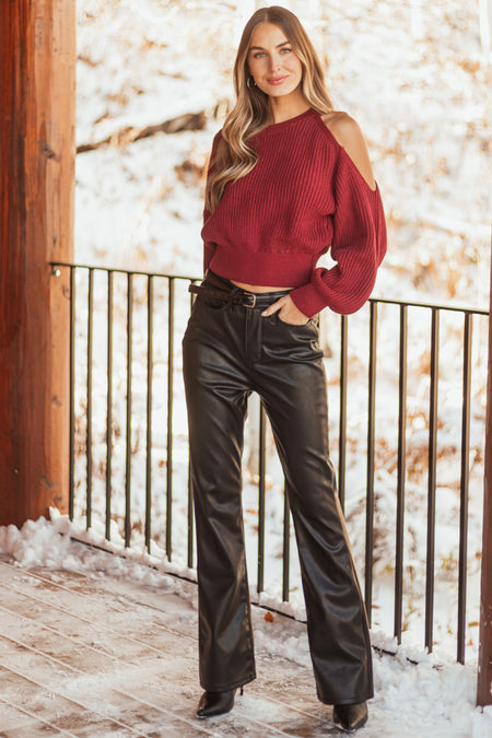 Burgundy Single Cold Shoulder Cropped Sweater