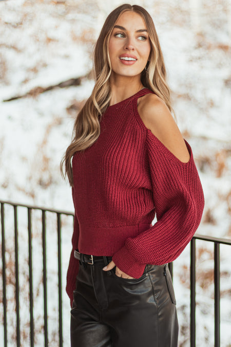 Burgundy Single Cold Shoulder Cropped Sweater