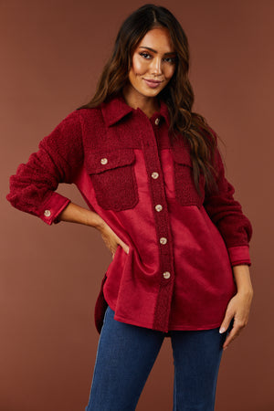 Burgundy Sueded and Sherpa Button Down Shacket