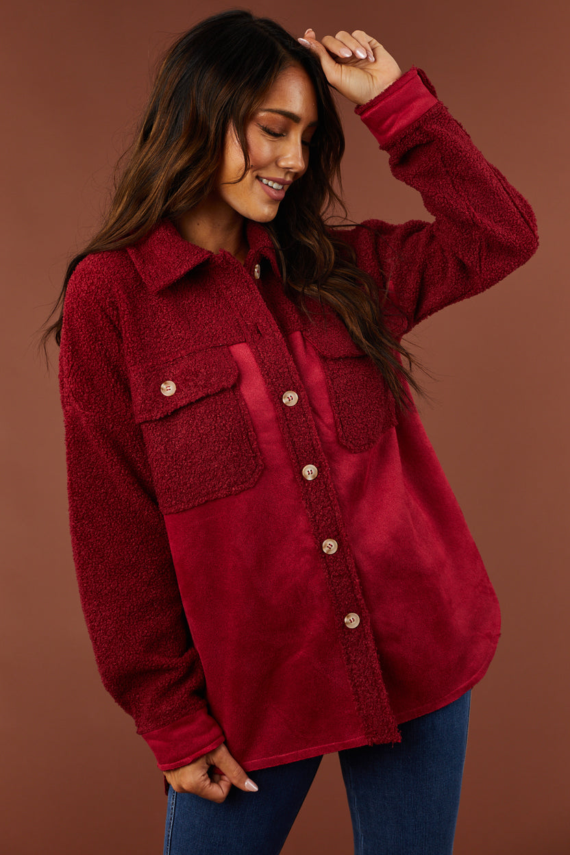 Burgundy Sueded and Sherpa Button Down Shacket