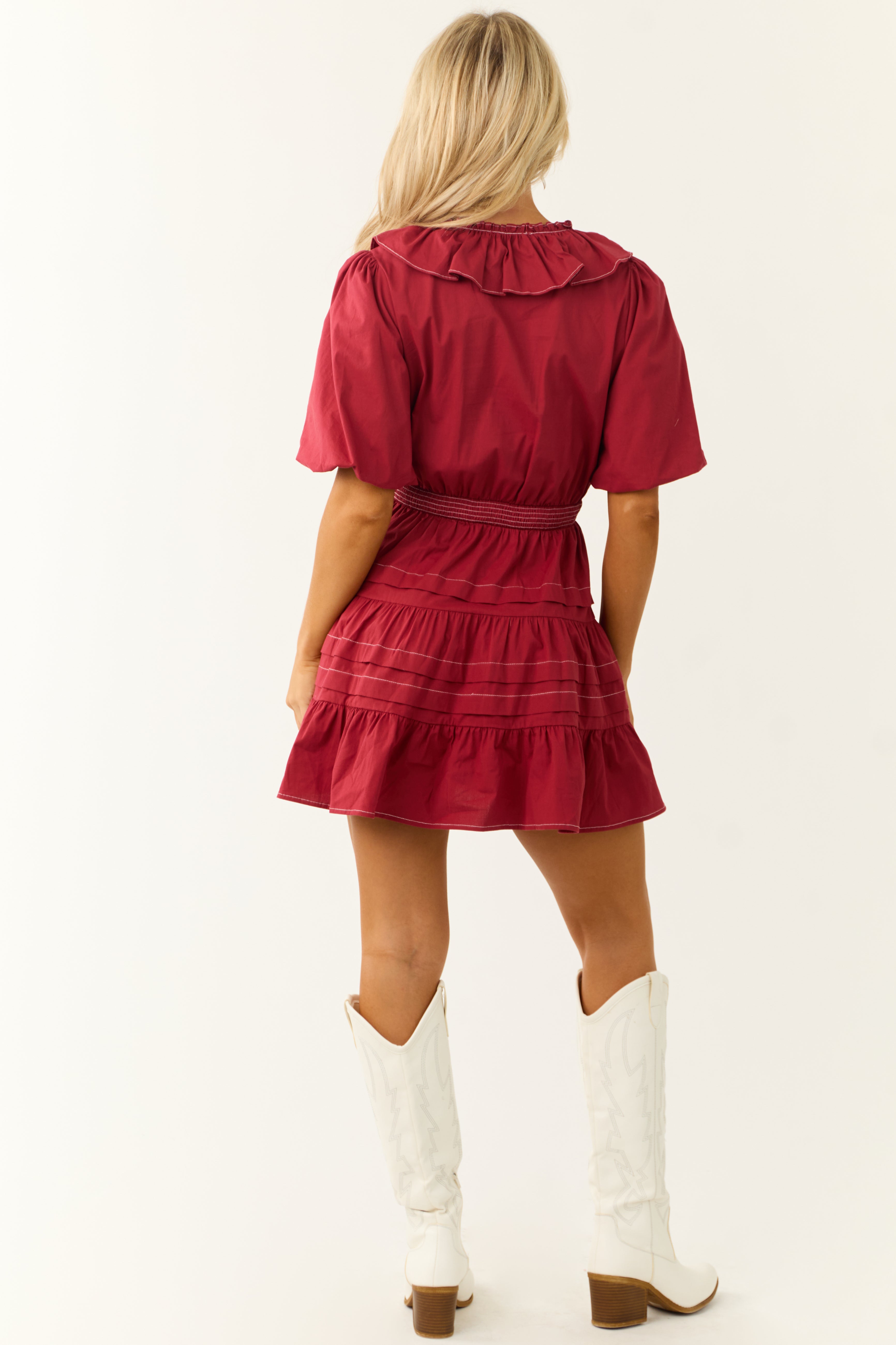 Burgundy Tiered Ruffle Surplice Wrap Mini Dress