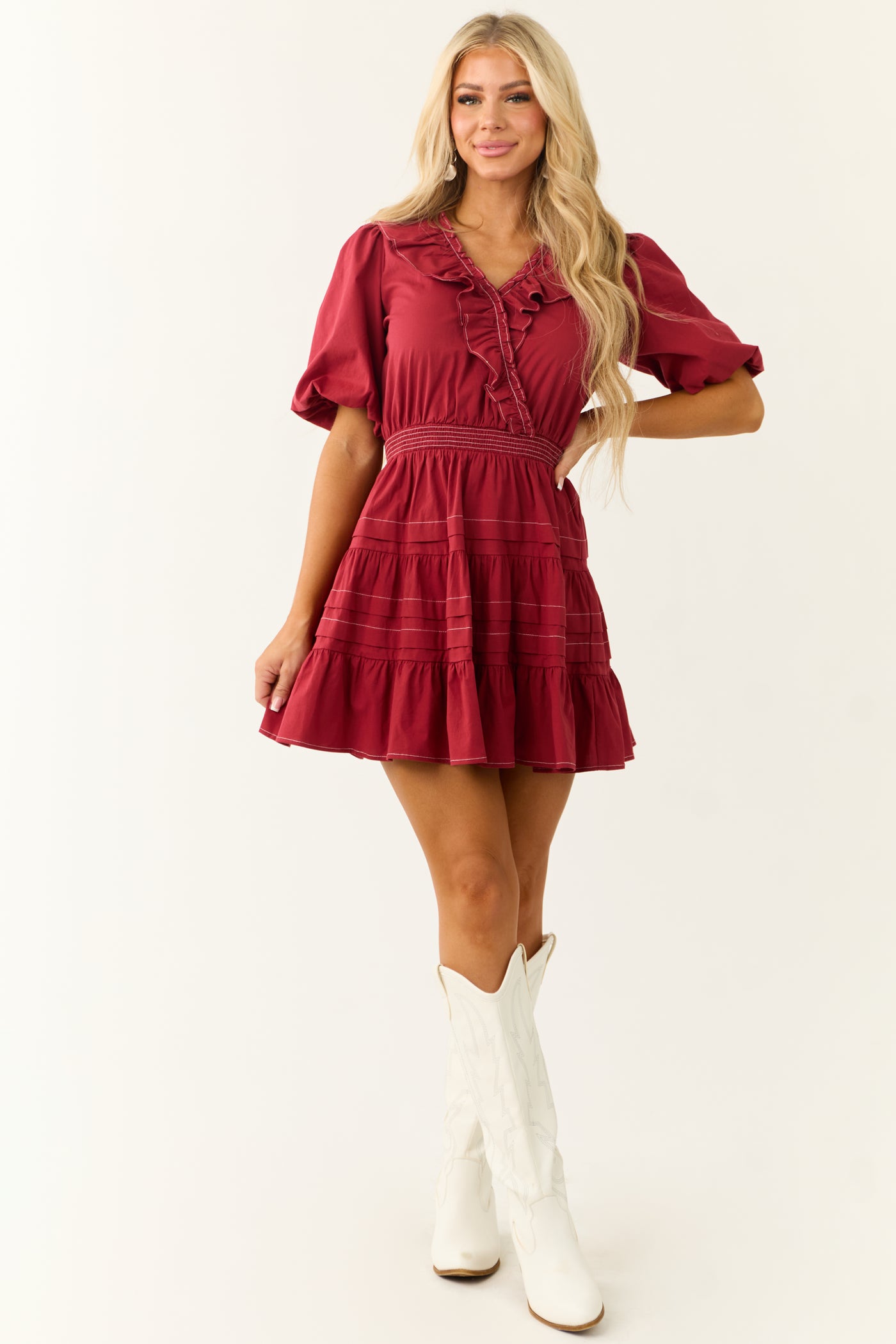 Burgundy Tiered Ruffle Surplice Wrap Mini Dress