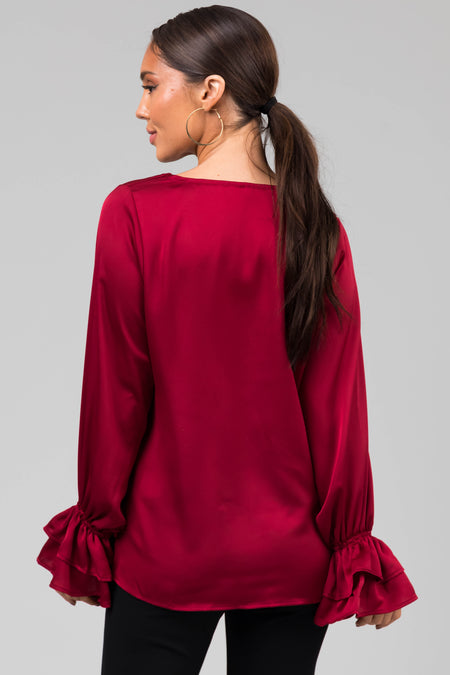 Burgundy V Neck Ruffle Cuff Satin Blouse