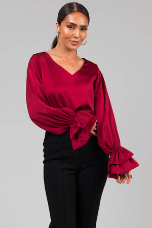 Burgundy V Neck Ruffle Cuff Satin Blouse