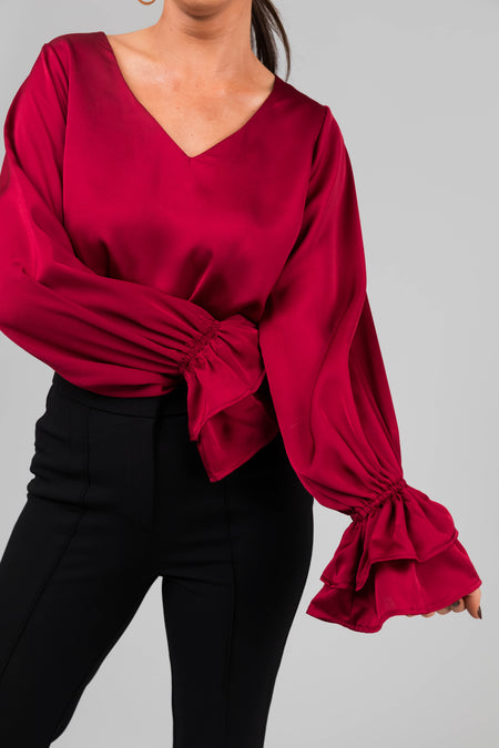 Burgundy V Neck Ruffle Cuff Satin Blouse