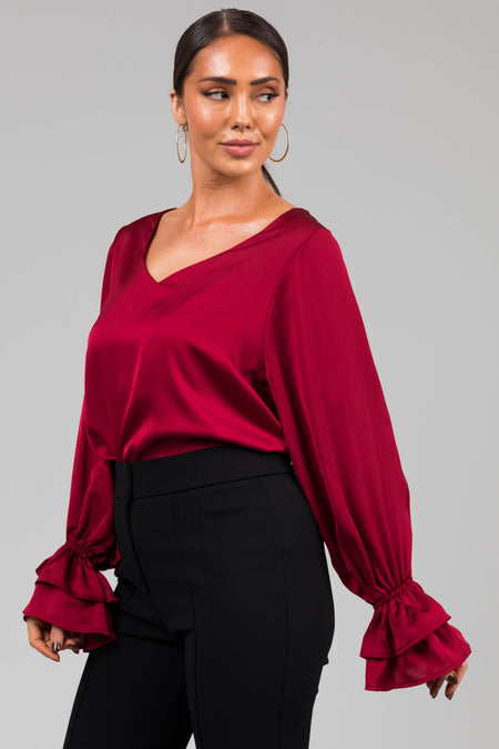 Burgundy V Neck Ruffle Cuff Satin Blouse