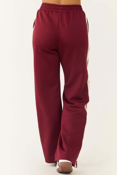 Burgundy Wide Leg Side Stripe Detail Track Pants