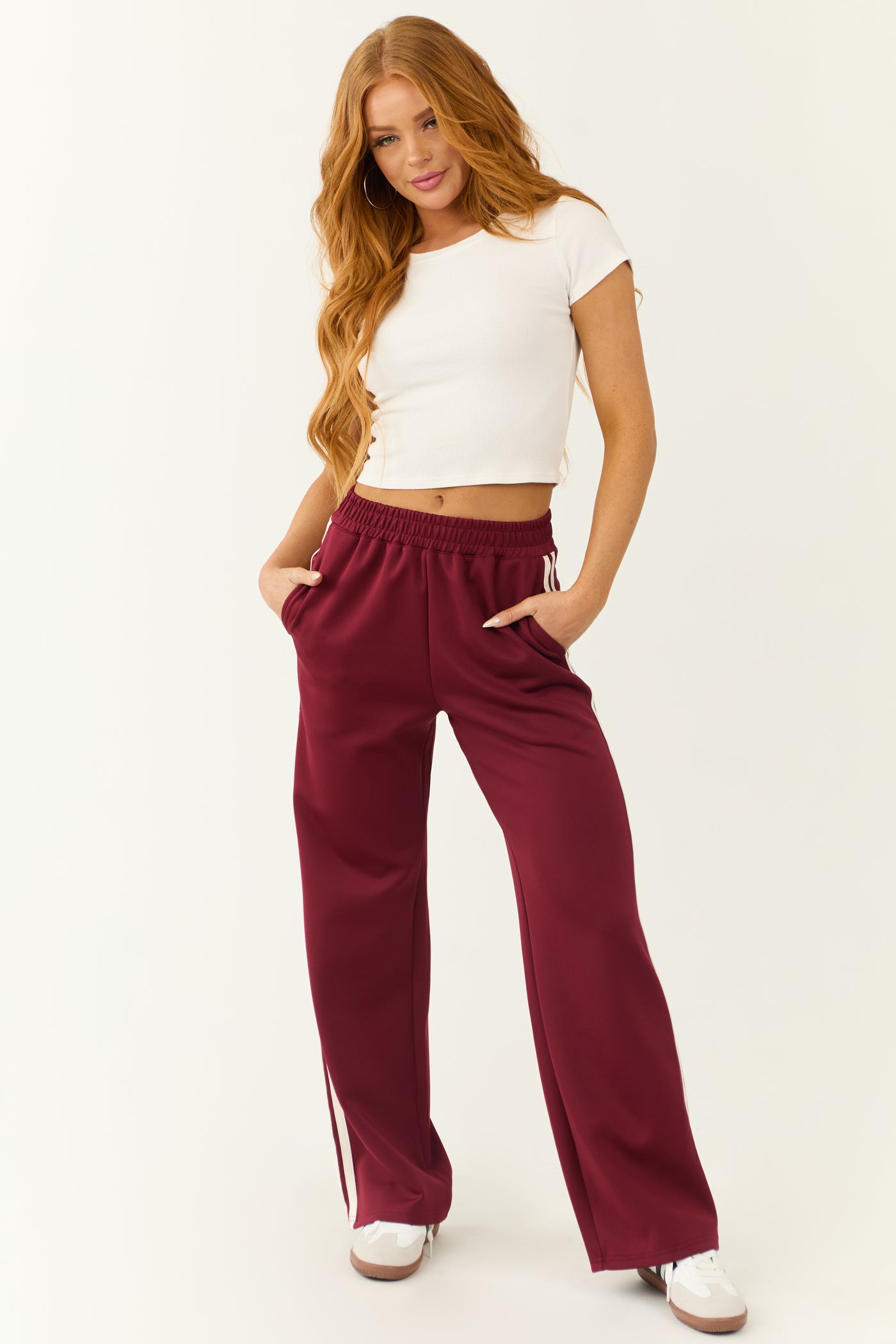 Burgundy Wide Leg Side Stripe Detail Track Pants