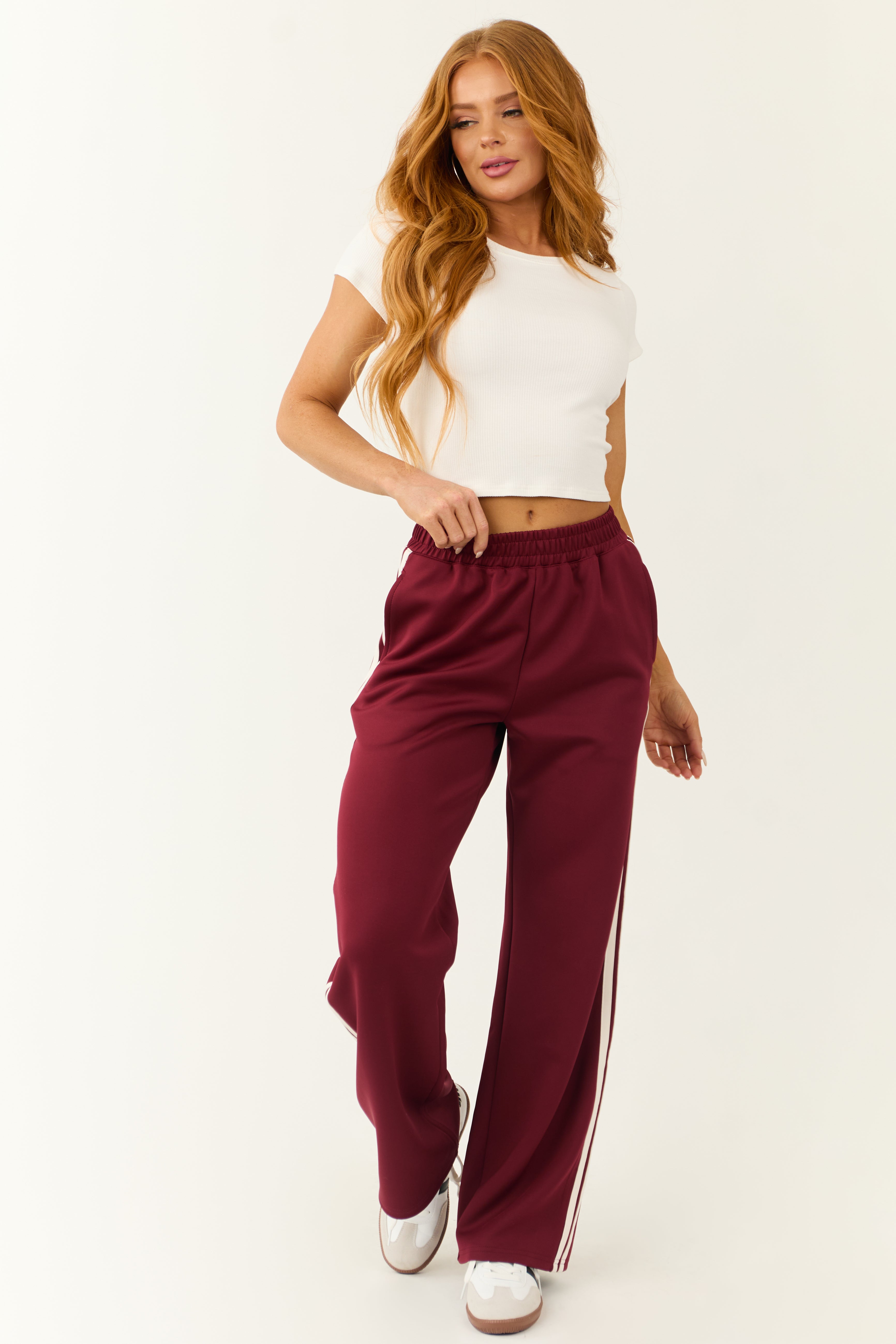 Burgundy Wide Leg Side Stripe Detail Track Pants