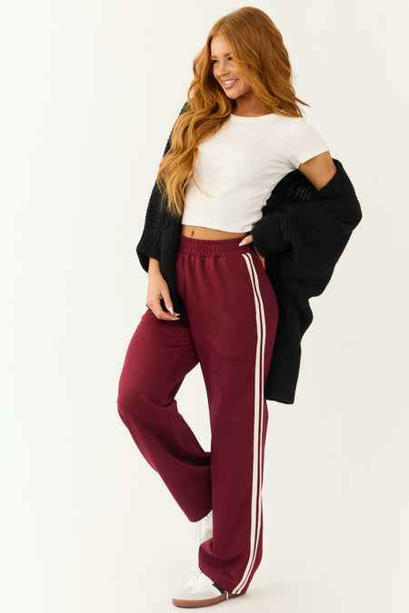 Burgundy Wide Leg Side Stripe Detail Track Pants