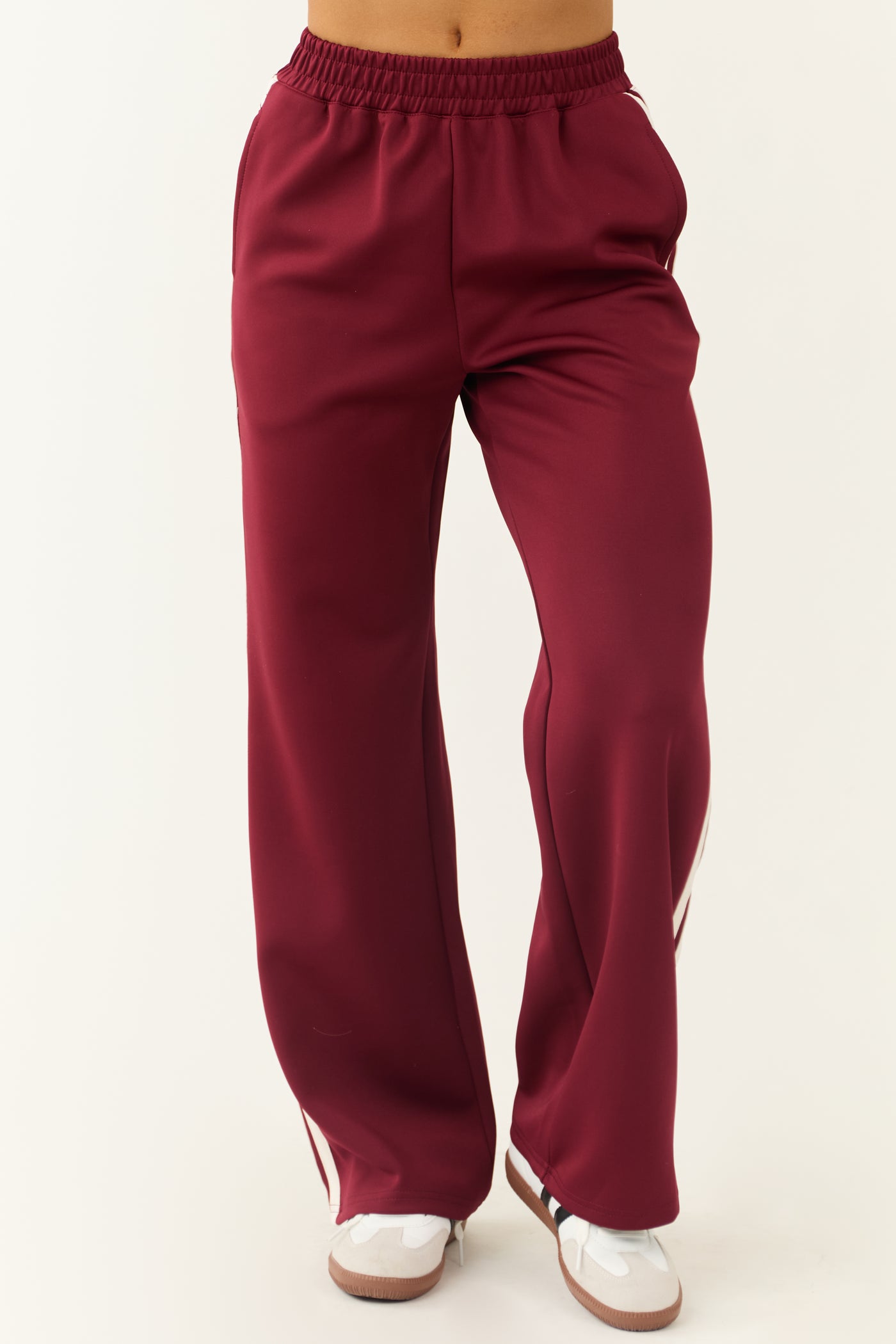 Burgundy Wide Leg Side Stripe Detail Track Pants