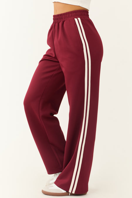 Burgundy Wide Leg Side Stripe Detail Track Pants