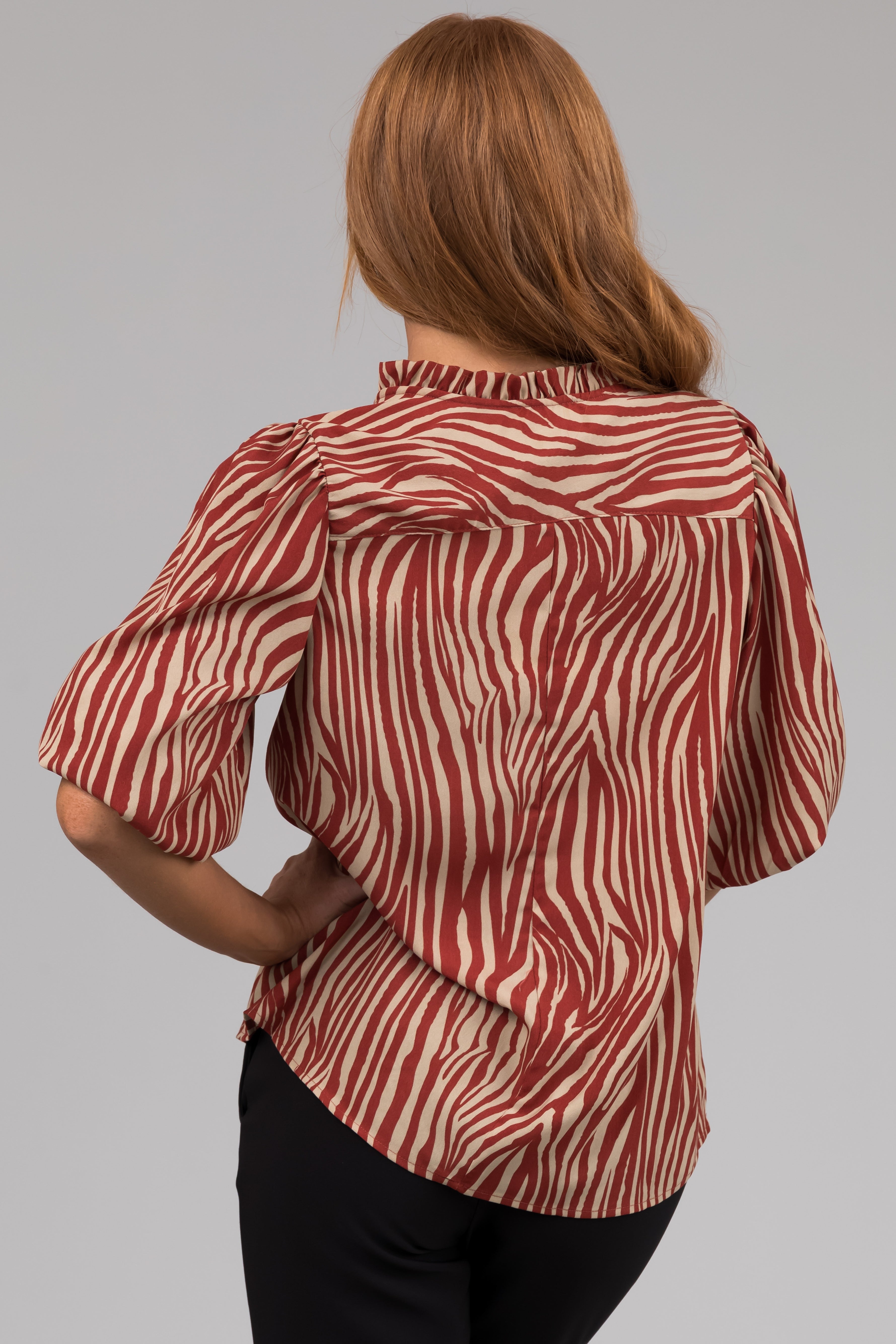 Burgundy and Taupe Zebra Print V Neck Top