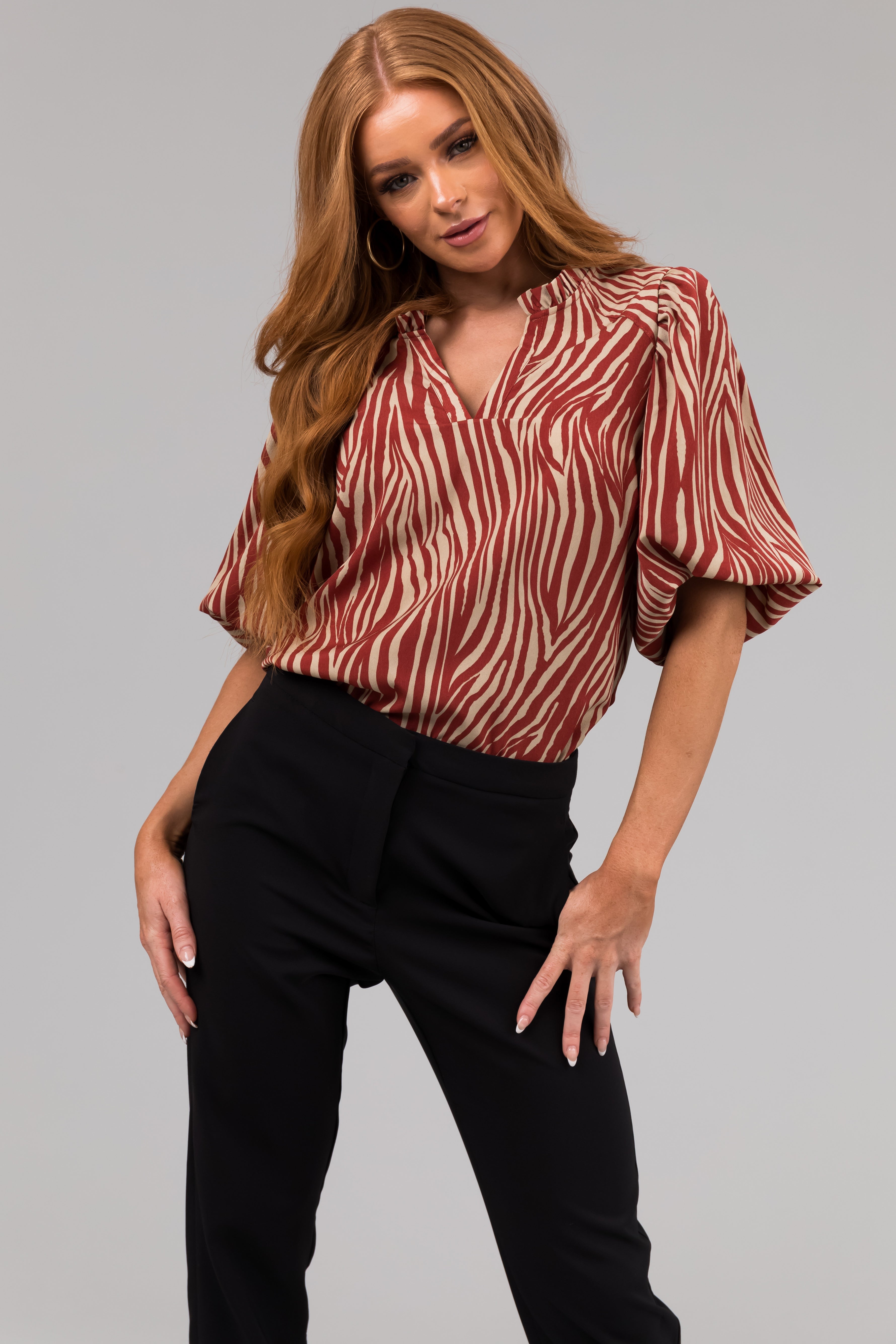 Burgundy and Taupe Zebra Print V Neck Top