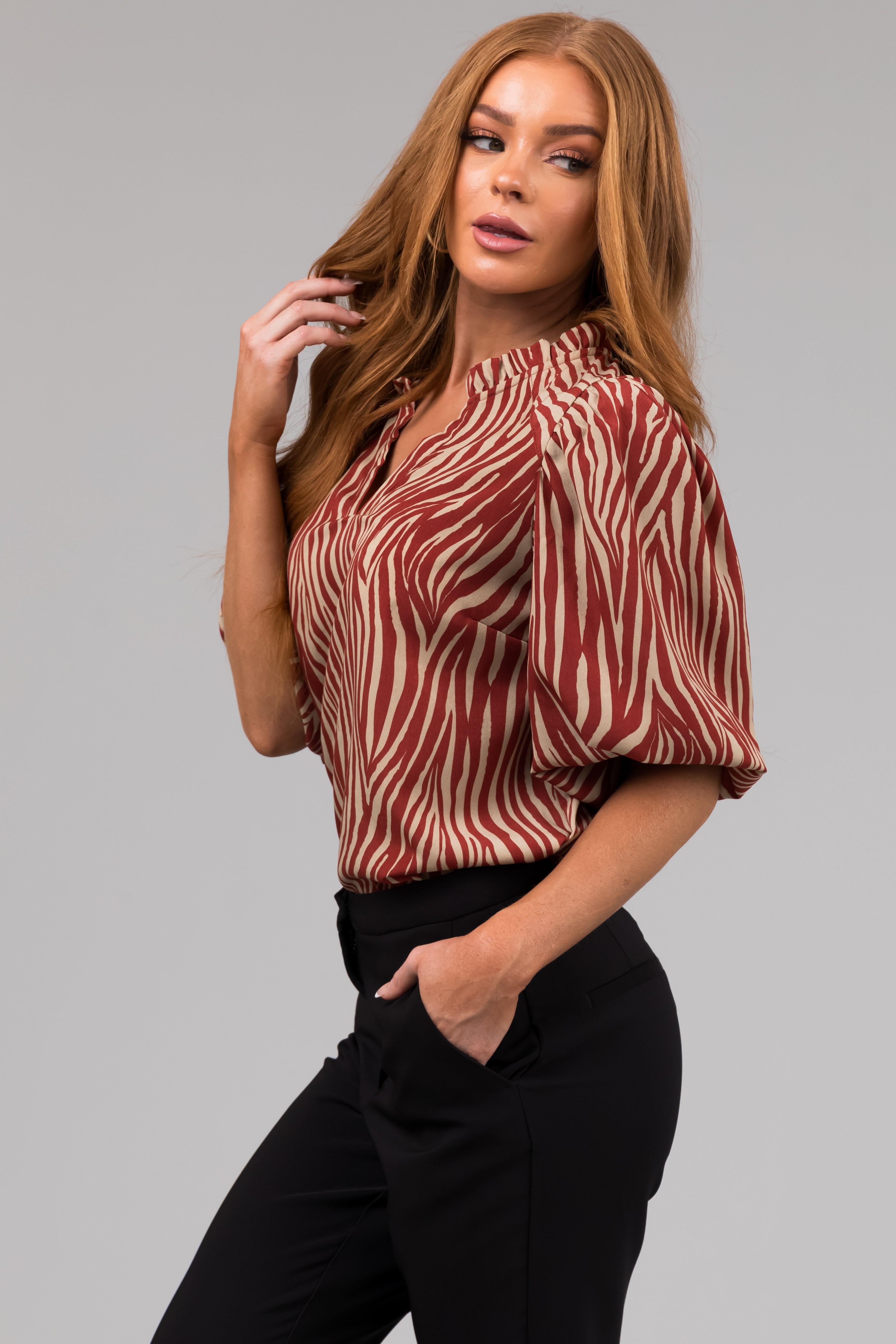 Burgundy and Taupe Zebra Print V Neck Top