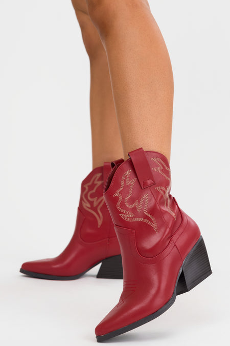 Burgundy Western Stitching Detail Ankle Booties