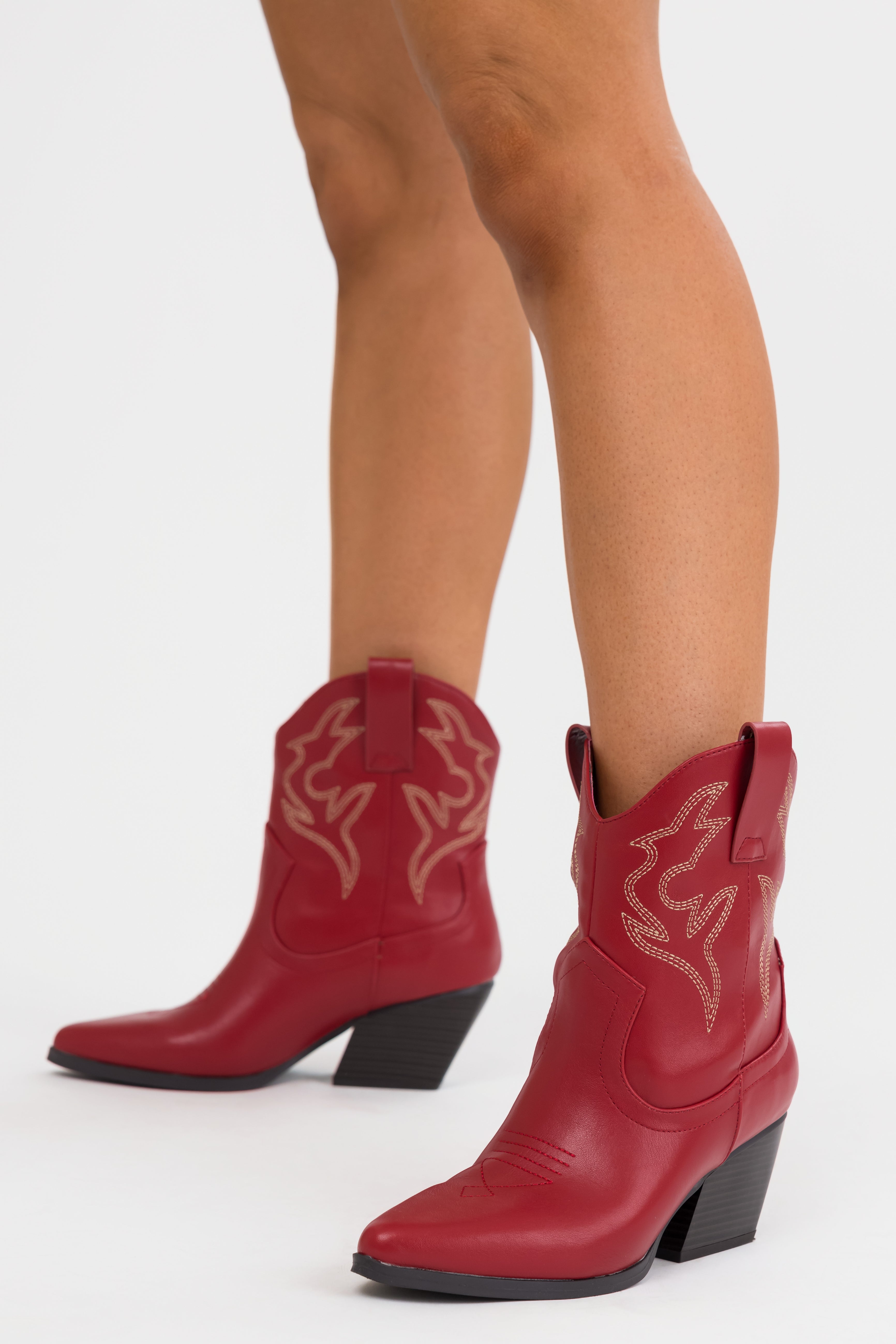 Burgundy Western Stitching Detail Ankle Booties