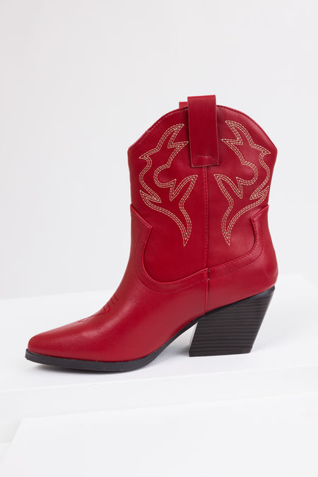 Burgundy Western Stitching Detail Ankle Booties