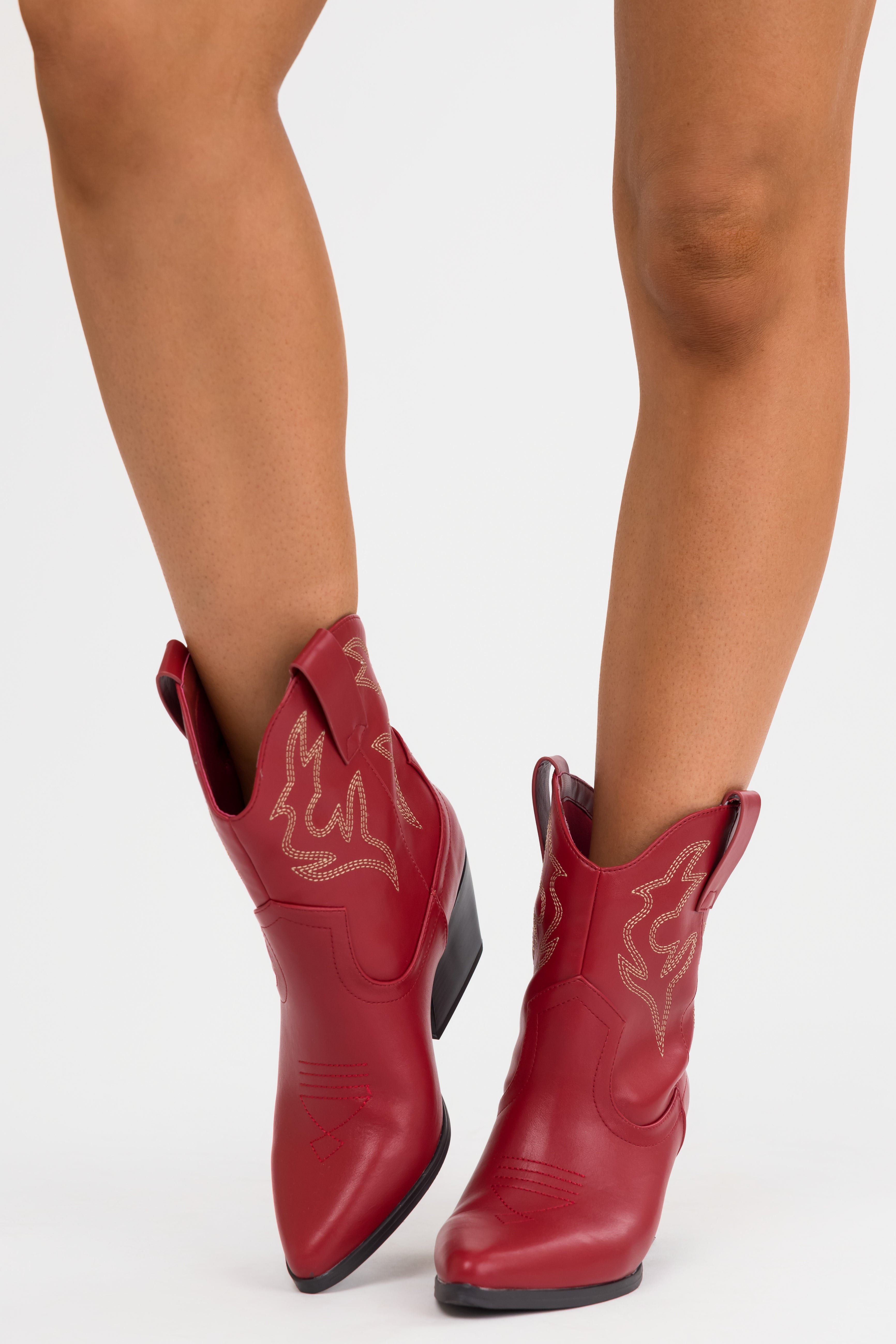 Burgundy Western Stitching Detail Ankle Booties