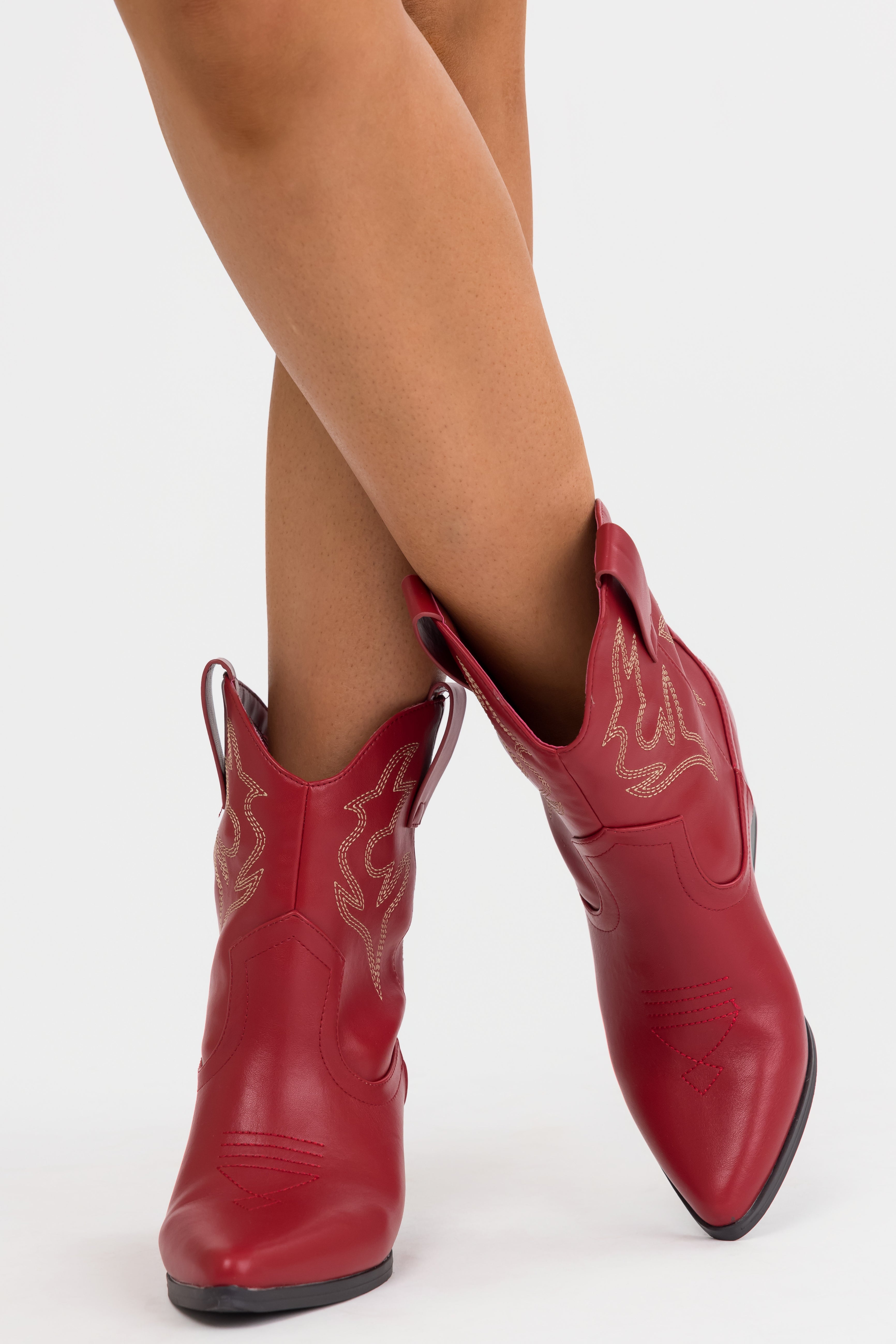 Burgundy Western Stitching Detail Ankle Booties