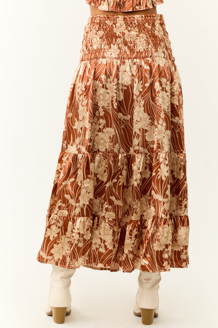 Burnt Orange Floral Print Satin Skirt to Midi Dress