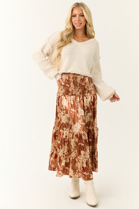 Burnt Orange Floral Print Satin Skirt to Midi Dress