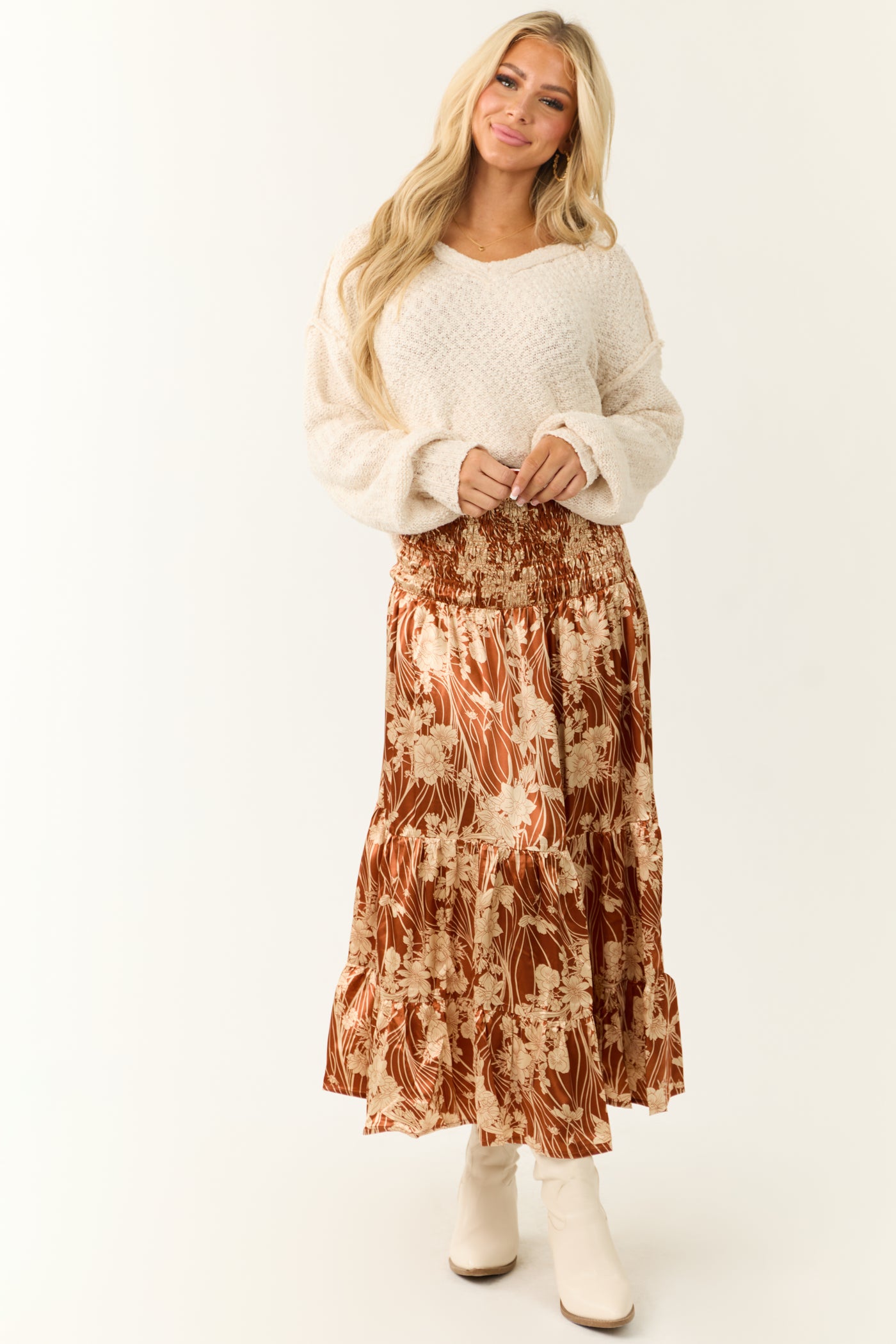 Burnt Orange Floral Print Satin Skirt to Midi Dress