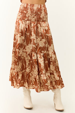 Burnt Orange Floral Print Satin Skirt to Midi Dress