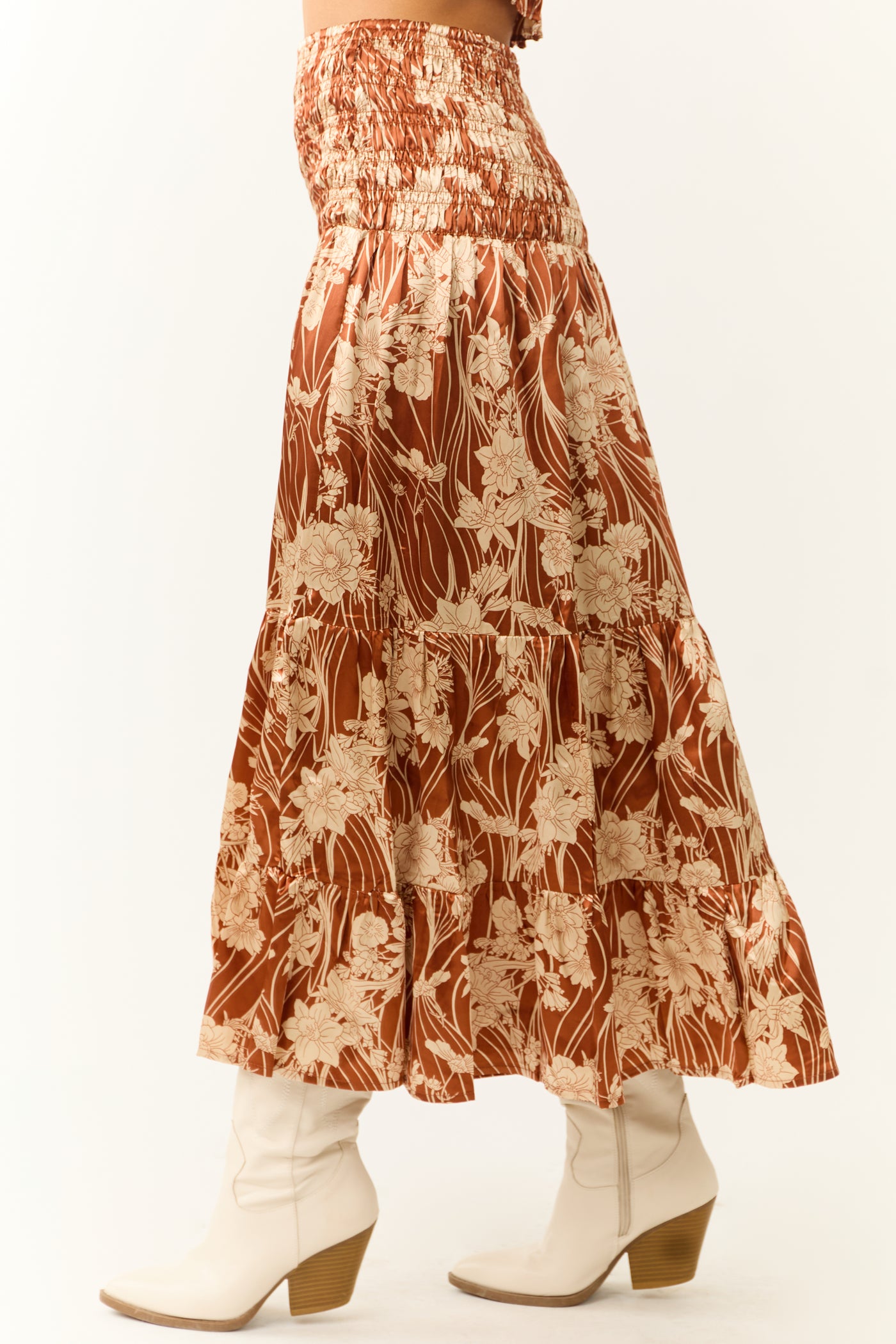 Burnt Orange Floral Print Satin Skirt to Midi Dress