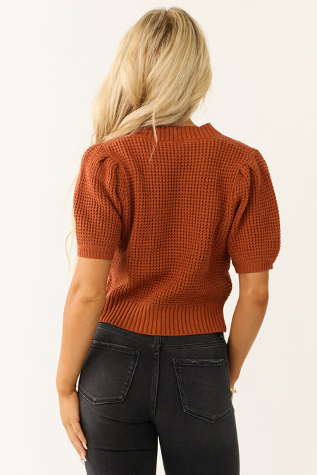 Burnt Orange Notched Neck Puff Sleeve Sweater Top